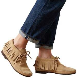 VTG QUODDY Tan Moccasins Fringe Suede Chukka Bootie SZ 5